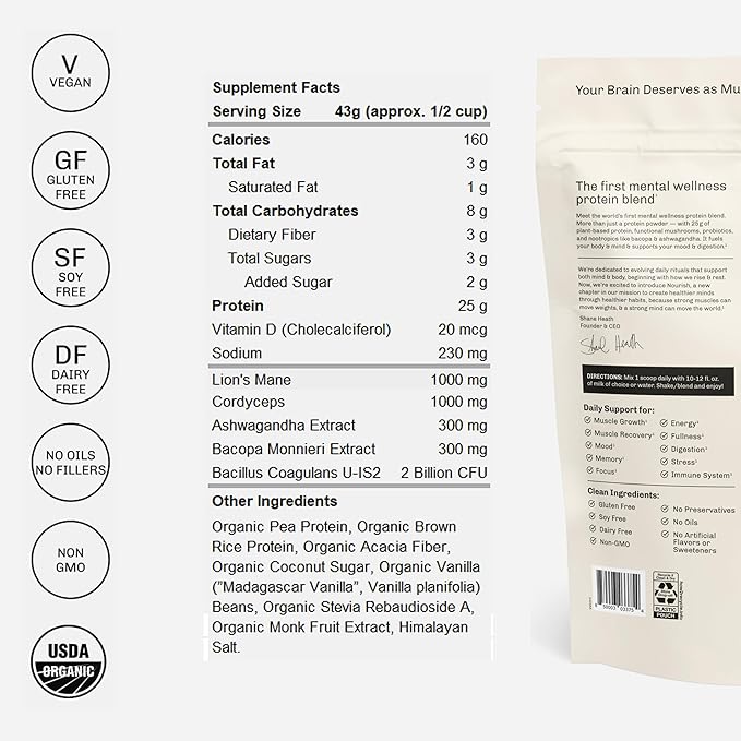 MUDWTR Nourish | Vanilla Mushroom Protein Powder | 2000mg Adaptogenic Mushrooms | Vegan Protein Powder | USDA Organic | Focus Mood &amp Digestion Support | Vanilla Lion's Mane Bacopa | 15 Serving