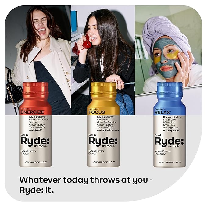 Ryde: Discovery Pack | Energize Focus &amp Relax Shots | Green Tea Caffeine Taurine Ginseng B Vitamins L-Theanine Lemon Balm Chamomile | 0 Calories 0 Sugar | Variety Pack – Try Them All (24 P