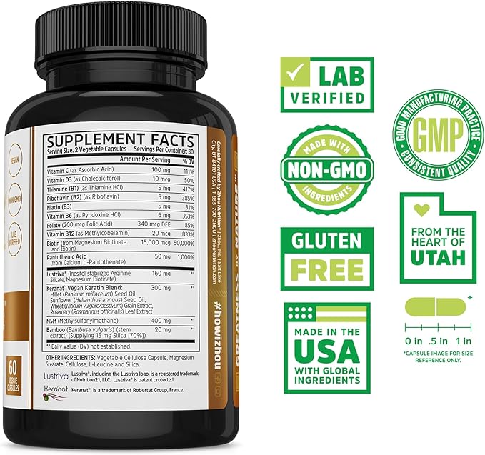 Zhou Hairfluence - Vegan Biotin Supplement for Hair Growth for Men &amp Women Supports Stronger Healthier Hair Nails &amp Glowing Skin with Lustriva &amp B Vitamin Complex - 60 Veggie Capsules