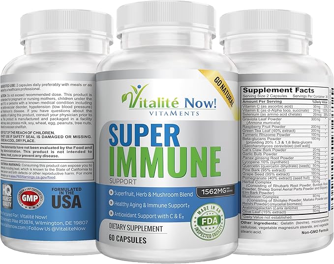 Super Wellness Immune Booster - Quercetin Immunity Support 25 Vitamins Herbs Superfoods Mushrooms - Vitamins C &amp E - Selenium - Turmeric - Immune Defense Supplement - 60 Capsules