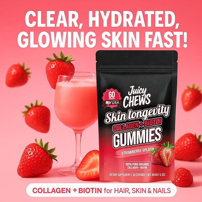 Biotin and Collagen Gummies | Low Sugar Non-GMO Collagen Gummies for Men and Women | All Natural Flavors | 60 Gummies | 30 Servings | Strawberry Flavor