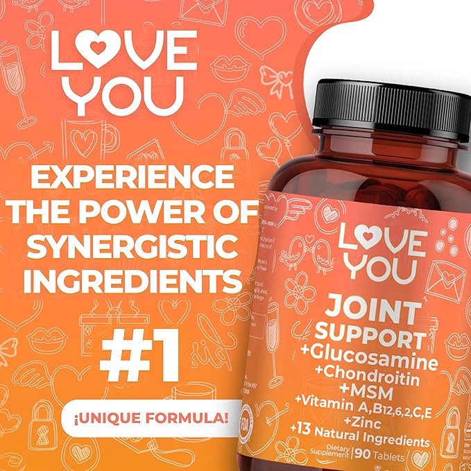 Love You Joint Support Supplement for Relief - Glucosamine Chondroitin MSM &amp Turmeric - Supports Mobility &amp Flexibility (Bones Back Knees Hands) 90 Tablets 45-Day Supply - Made in USA