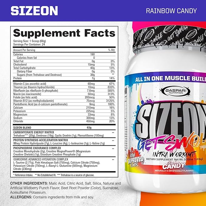 Gaspari Nutrition SizeOn The Ultimate Hybrid Intra-Workout Amino Acid &amp Creatine Formula Increased Muscle Volume &amp Muscle Recovery (3.59 Pounds Rainbow Candy)