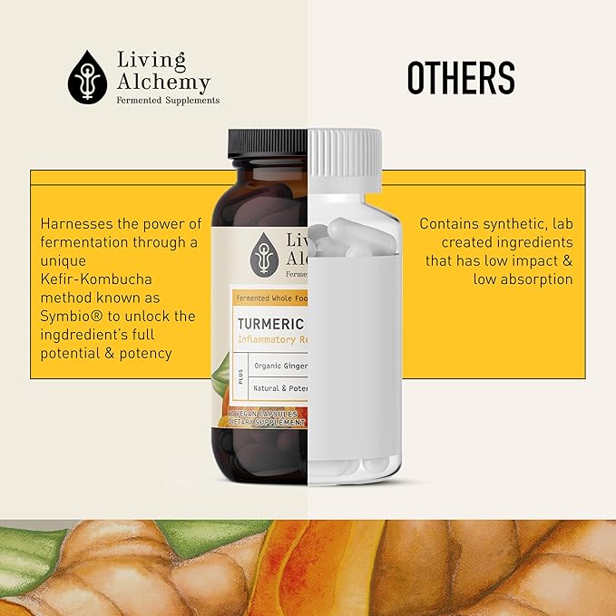 Living Alchemy Turmeric &amp Ginger Supplement - Fermented Turmeric Capsules for Gut Mobility &amp Joint Support - Natural Herbal Supplements - Vegan Non-GMO Filler-Free &amp Dairy-Free 60 Pcs