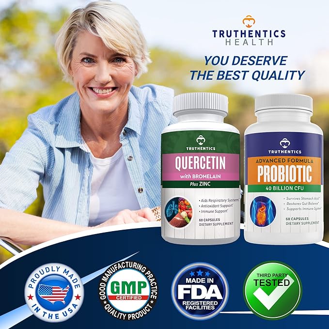 Truthentics Quercetin with Bromelain and Zinc Plus Advanced Probiotic with Prebiotics Bundle - Immune Respiratory &amp Digestive Support - Gluten Free Non-GMO
