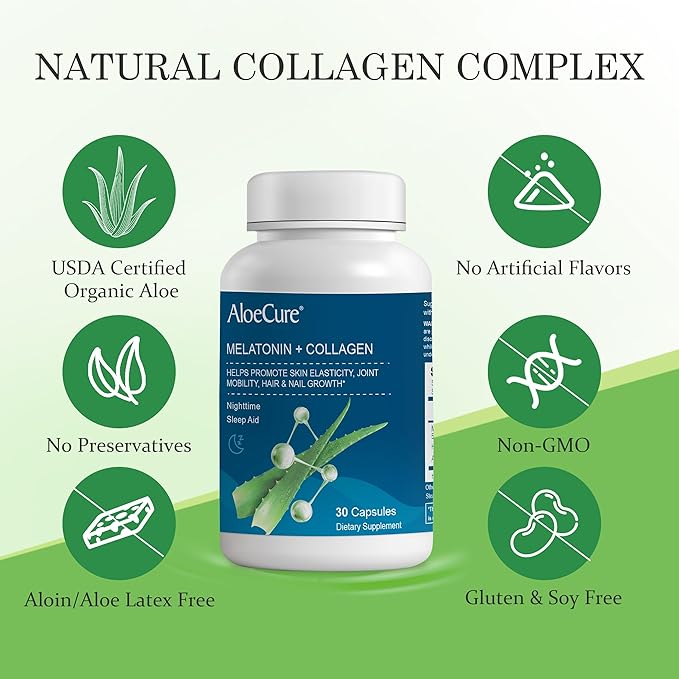 AloeCure Natural Melatonin + Collagen Natural Sleep Aid Supplement for Restful Nights - Collagen Complex for Joint Strength Skin Elasticity Hair &amp Nail Growth 30 Capsules x 6 Bottles