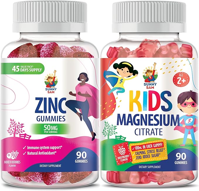 SUNNY SAM Zinc Gummies for Adults &amp Magnesium Gummies for Kids &amp Adults - 100mg - Calm Magnesium Chews