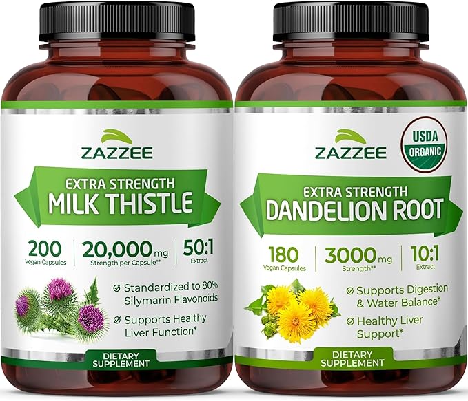 Zazzee USDA Organic Dandelion &amp Milk Thistle Supplements | 10:1 Organic Dandelion Root Extract Plus 50:1 Milk Thistle Extract Capsules | Liver Cleanse Detox Bundle