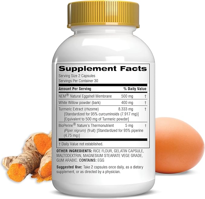 Botanic Choice Fast Act Joint Comfort with NEM Natural Eggshell Membrane Turmeric Curcumin Bioperine &amp White Willow Bark Supports Joint Health 60 500mg Capsules
