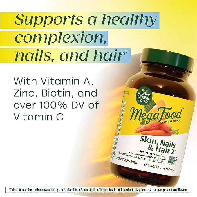 MegaFood Skin Nails &amp Hair 2 - Vitamins For Women &amp Men - Biotin Vitamin A Vitamin C Zinc Vitamin B6 Vitamin E Pantothenic Acid - Vegan - Made Without 9 Food Allergens - 90 Tabs (45 Ser
