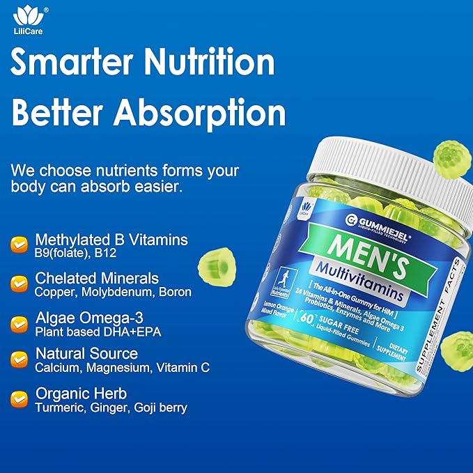 Mens Multivitamins Gummies Methylated Multivitamin for Men B Complex Minerals Vegan Omega 3 Probiotic Enzyme Antioxidants for Men's Complete Daily Support Sugar Free Vegan (No Iron) 60 Counts
