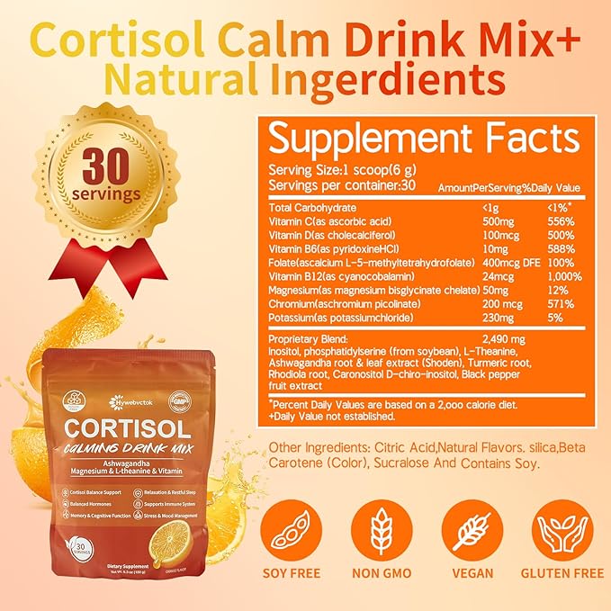 Cortisol Drink Powder Sugar Free Natural Cortisol Supplements for Women Menwith Ashwagandha L-Theanine Black Pepper Extract Turmeric Root Relaxation FocusMental Clarity6.3 OZ
