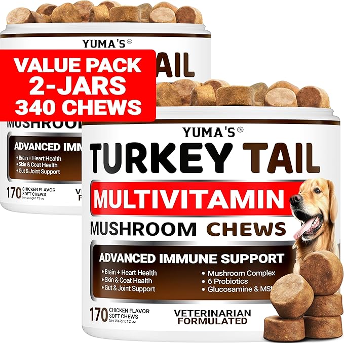 (2-Pack) Turkey Tail Mushroom for Dogs - 340 Count - Mushroom Chews for Dogs Lipoma Lumps and Bumps - Immune Health Digestive Skin Joint Vitamin Support Guard Buddy - Multivitamin Supplement