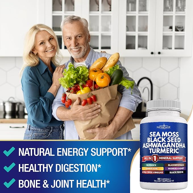 NEW AGE Sea Moss Black Seed Oil Ashwagandha Turmeric Bladderwrack Burdock - with Manuka Honey Dandelion ACV Black Pepper Gluten Free