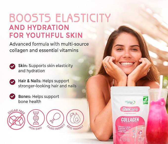 Vagy Rejuvenation Ghencare Hydrolyzed Collagen Powder – Multi-Source Collagen with Vitamin C Biotin &amp Hyaluronic Acid – Types I II III V &amp X – for Skin Hair Nails &amp Overall Wellness