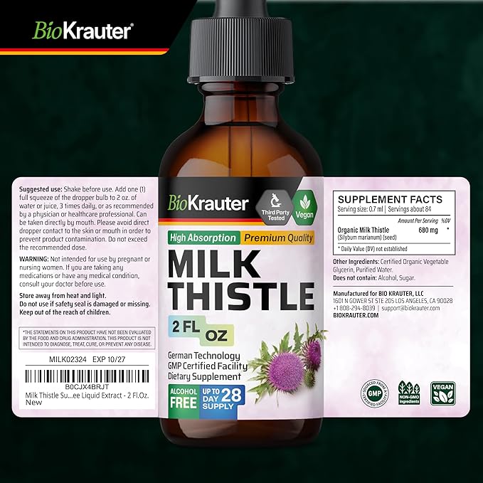 BIO KRAUTER® Milk Thistle Supplement - Liquid Pure Vegan Milk Thistle Extract 680 mg per Serving 2 Fl.Oz 28 Days of Supply - Liver Cleanse &amp Detox Сontains Silymarin - Alcohol &amp Sugar Free
