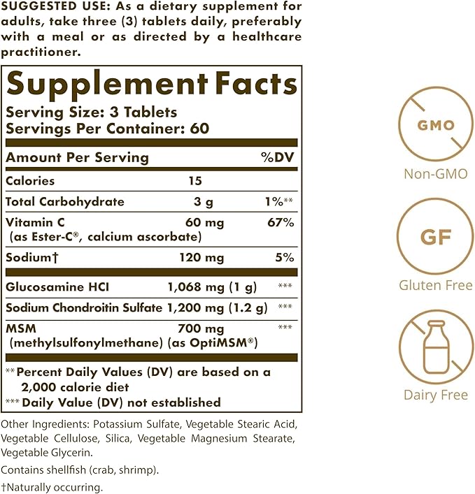 Solgar Extra Strength Glucosamine Chondroitin MSM w/Ester-C 180 Tablets - Promotes Healthy Joints Supports Comfortable Movement &amp Collagen Formation - Non-GMO Gluten No Dairy No - 60 Servings