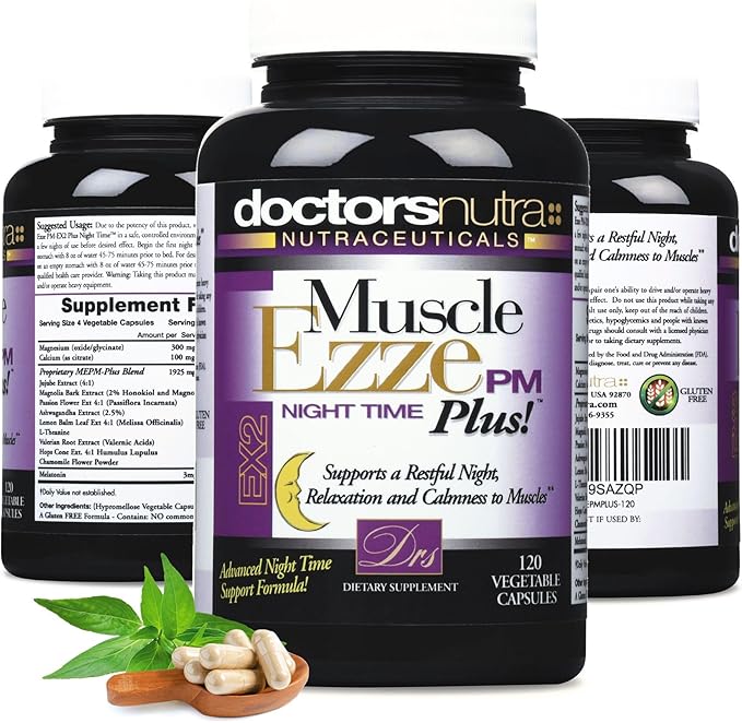 Doctors Nutra Muscle Ezze PM Plus - 3000mg - Relaxant with Magnesium Glycinate - Gluten Free – 120 Capsules