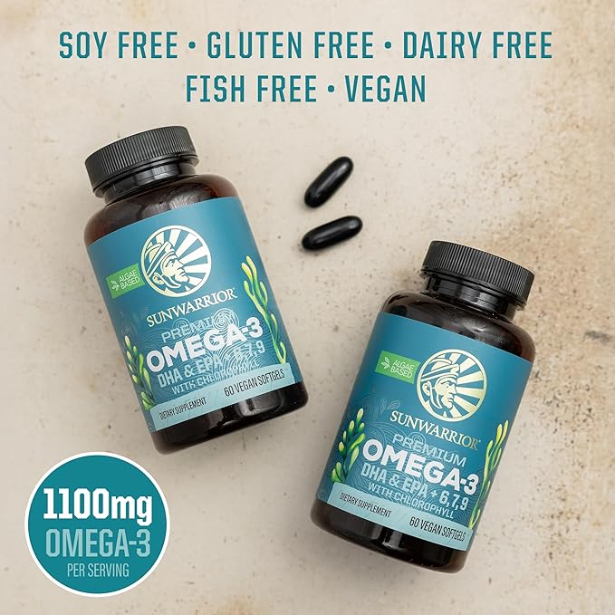 Sunwarrior Vegan Omega 3 DHA &amp EPA Supplement Algal Oil Preferred Alternative to Fish Oil Supports Brain Eye Joint &amp Heart Health (60 Count)