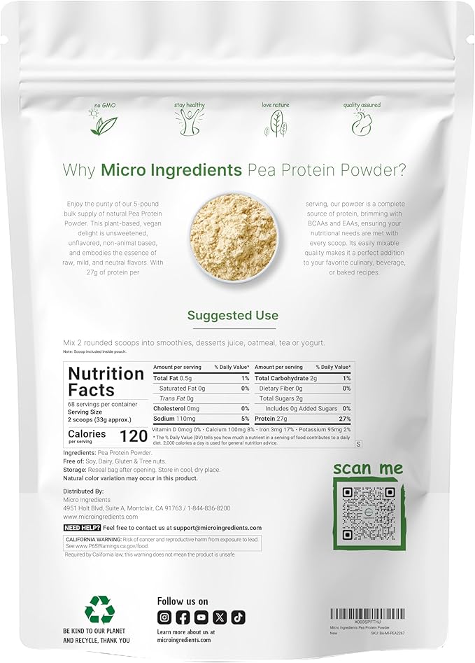 Micro Ingredients North American Grown Pea Protein Powder 5 Pounds | Plant Based Unflavored | Complete Vegan Protein Source with BCAAs &amp EAAs – 27g Serving | Non-GMO Keto Friendly