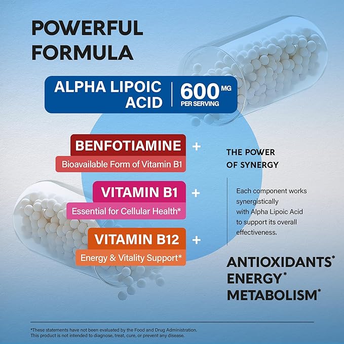 Alpha Lipoic Acid 600mg - ALA Supplement Antioxidant for Nerve Energy &amp Metabolism Support - Extra Strength with Benfotiamine B1 &amp B12 - Lab Tested NON-GMO &amp Vegan - 120 Capsules 2 Mon