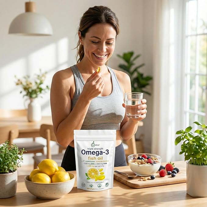 Triple Strength Omega-3 Fish Oil – 4200 mg Per Serving with 1300 mg EPA + 850 mg DHA – Lemon Flavor Burpless Formula – Wild-Caught Non-GMO Gluten-Free – 300 Softgels