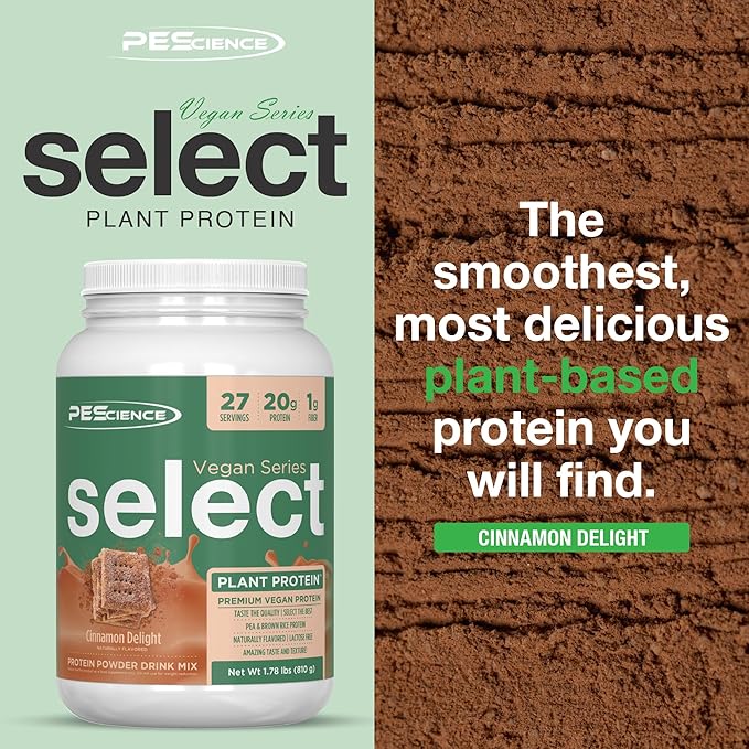 PEScience Select Vegan Protein Powder Plant Based Protein Powder Amazing Taste Smooth Texture Pea and Brown Rice Blend Dairy Free Lactose Free Gluten Free - Cinnamon Delight 27 Servings