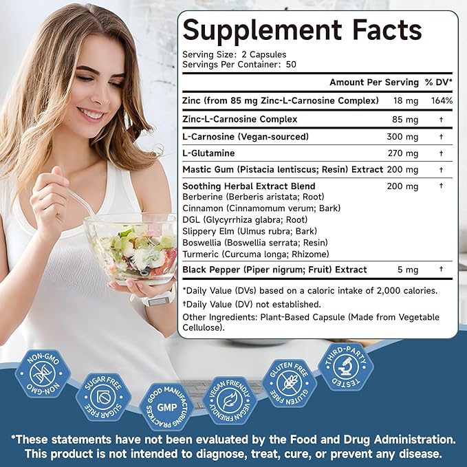 Zinc L Carnosine Complex 85mg 11-in-1 Digestive &amp Gut Health Support with Soothing Blend L-Glutamine &amp Mastic Gum 200 Capsules Non-GMO Vegan