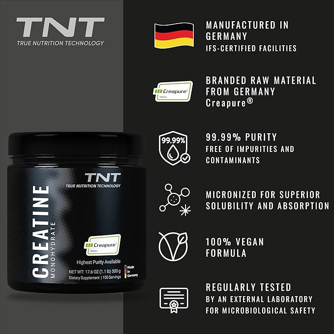TNT Creapure® Creatine Monohydrate Powder (100 Servings) • Made in Germany • 5g per Serving • Supports Strength Endurance &amp Cognitive Energy* • Micronized Vegan 99.99% Pure