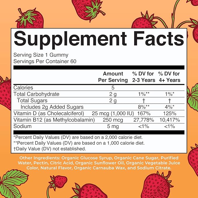 MaryRuth Organics's Vitamin D3 B12 Gummies | USDA Organic | 2 Month Supply | Vitamin D &amp B12 Vitamin Supplements for Adults &amp Kids | Bone Health | Healthy Energy Levels | Non-GMO | 60 Servings