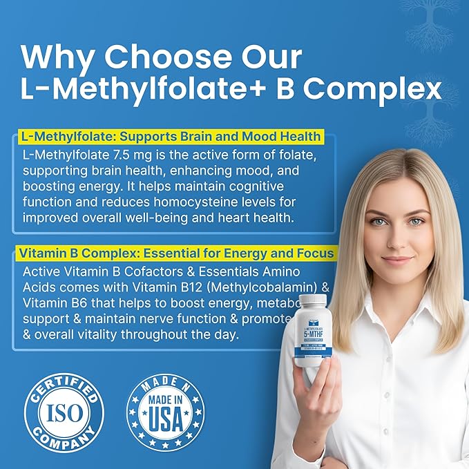 L-Methylfolate 7.5mg + Vitamin B Complex - 5-MTHF B6 &amp B12 Methylcobalamin - 60 Capsules - Professional Strength Active Methyl Folate - Non GMO Gluten Free No Fillers (2-Month Supply)