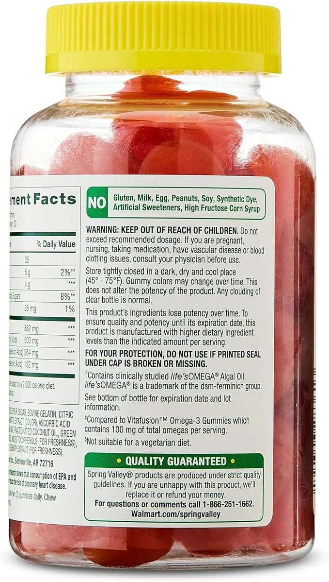 SUREFECT Spring Valley Omega-3 from Plant-Based Algal Oil Gummies for Brain &amp Heart Health Support Orange 500 mg 60 Count Organizer.