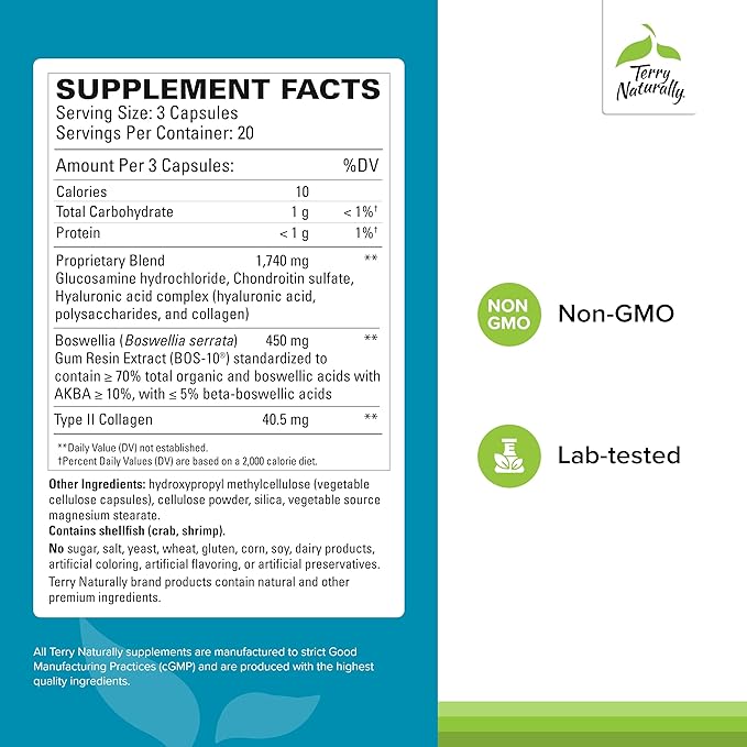 Terry Naturally Be Mobile - Collagen Supplement for Joint Health Support - Dietary Supplement with Boswellia Extract &amp Type II Collagen - Lower Back &amp Knee Support Supplement - 60 Capsules