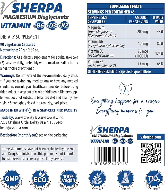 Magnesium Bisglycinate + Vitamin B6 D3 and K2 Premium Vegan Dietary Supplement for Muscle Bone and Nerve Health Gentle on Stomach Non-GMO Gluten-Free GMP-Certified 90 Capsules