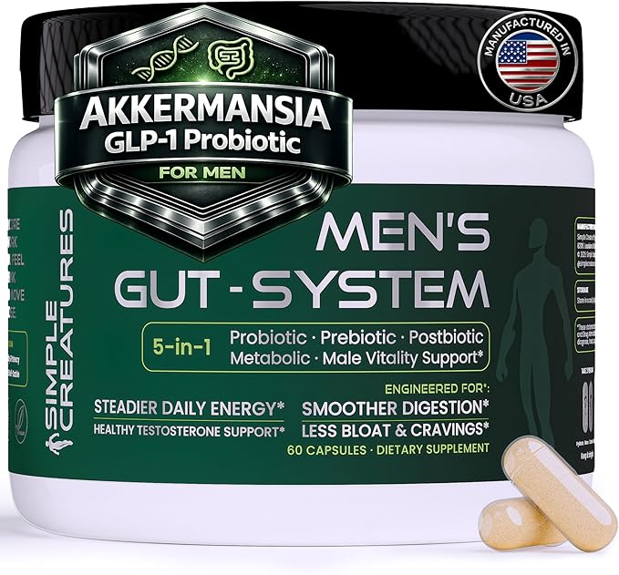 Simple Creatures Akkermansia Probiotic for Men – AKK11™ 5-in-1: Craving Control · Gut Barrier · Male Drive · Debloat · Energy | Probiotic Prebiotic Postbiotic | Tongkat Ali &amp Boron | 60 Caps