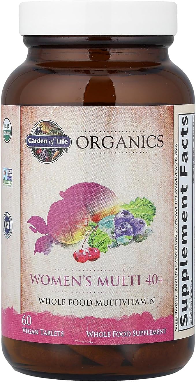 Garden of Life Organics Vitamins for Women 40+ - 60 Tablets Womens Multi 40+ Vegan Vitamins for Women Over 40 Hormone &amp Breast Health Support Blend Whole Food Womens Multivitamin