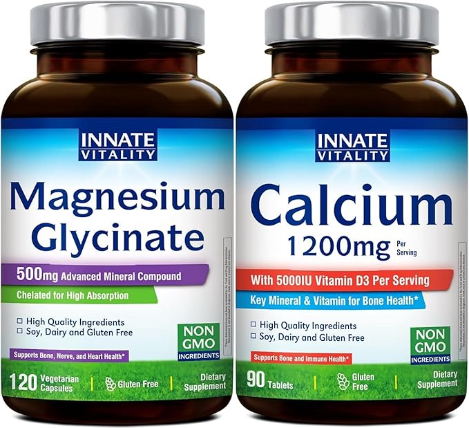 Innate Vitality Magnesium Glycinate 500mg &amp Calcium 1200mg with D3 5000IU Bundle | High Absorption Supplements for Nerve Health Bone Strength &amp Immune Support | Non-GMO Gluten-Free | 120 Cap