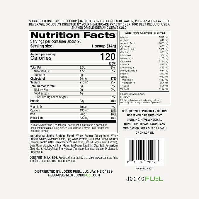 Jocko Fuel Whey Protein Powder Mint Chocolate 22g Protein Digestive Enzymes + Probiotic Blend No Sugar Added with Essential Amino Acids + Electrolyte Minerals 26 Servings