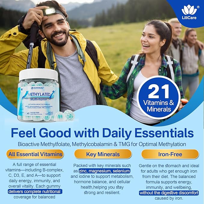 2 Pack Methylated Multivitamin for Men &amp Women Gummies + Greens &amp Mushroom Blend Methylfolate &amp B12 TMG Choline Daily Vitamin A C D3K2 E B Complex Coq10 ALA for Overall Wellness