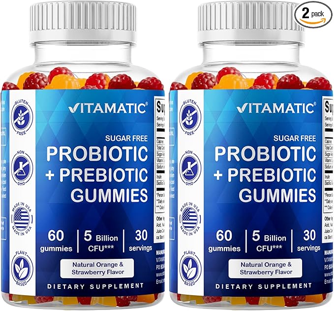 Vitamatic Sugar Free Probiotic Gummies for Men and Women – 5 Billion CFUs - 60Gummies per Bottle | 2 Pack (120 Gummies) Digestive Immune &amp Gut Health Support – Gluten Free