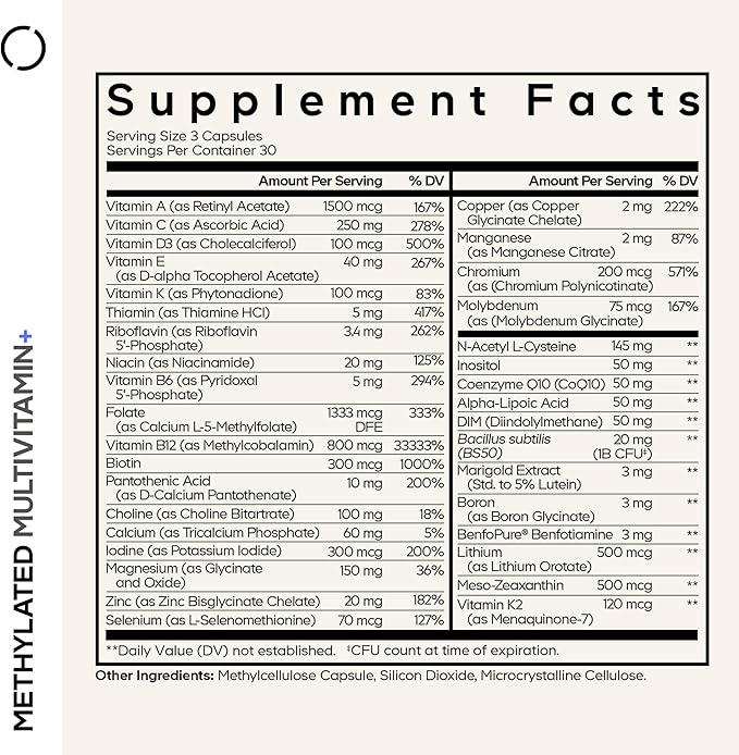 Codeage Methylated Multivitamin Supplement - B-Vitamin Vitamins A C D E K2 B12 Methylcobalamin - L-Methylfolate - Magnesium CoQ10 DIM Probiotics Benfotiamine Lithium Calcium - 90 Capsules