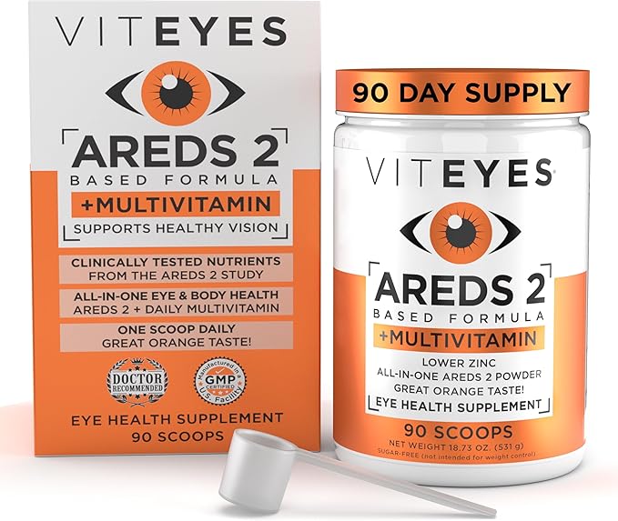 Viteyes AREDS 2 Powder + Multivitamin All-in-One Macular Protection Alternative to AREDS 2 chewables No Pills Lutein &amp Zeaxanthin AREDS 2 Eye Vitamins Drink Natural Orange Flavor 90 Scoops