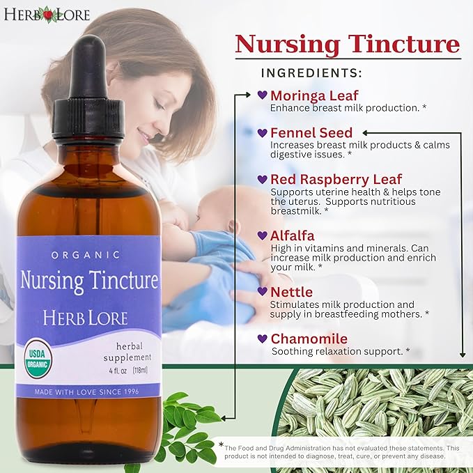 Herb Lore Organic Nursing Tincture - Liquid Lactation Support Drops to Increase Breast Milk Supply with Moringa and Fennel - Fenugreek Free Breastfeeding Supplement (4 fl oz)