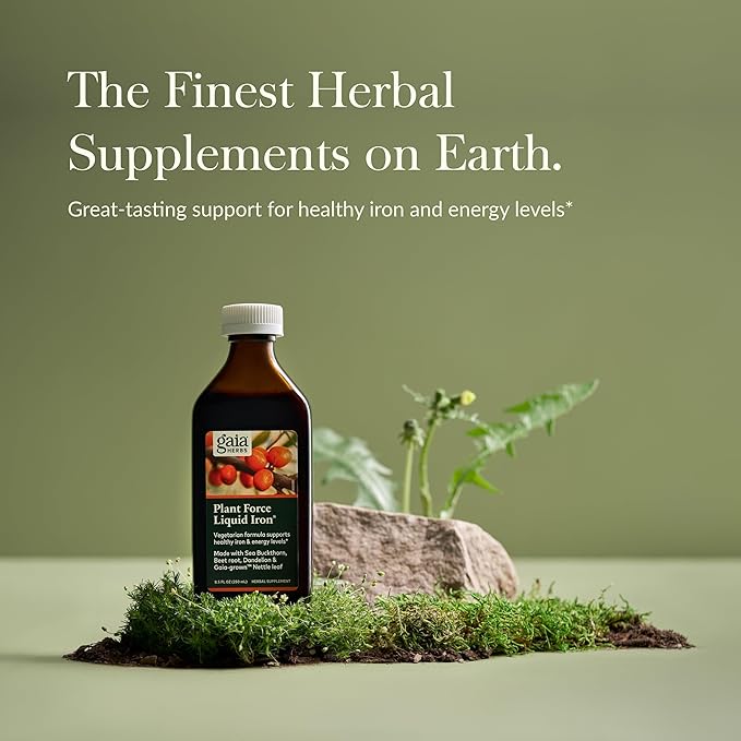 Gaia Herbs Plant Force Liquid Iron - Vegetarian Iron Supplement to Help Maintain Healthy Iron &amp Energy Levels - with Star Anise Sea Buckthorn Beet Root Dandelion &amp Nettle - 8.5 Fl Oz (25 Se