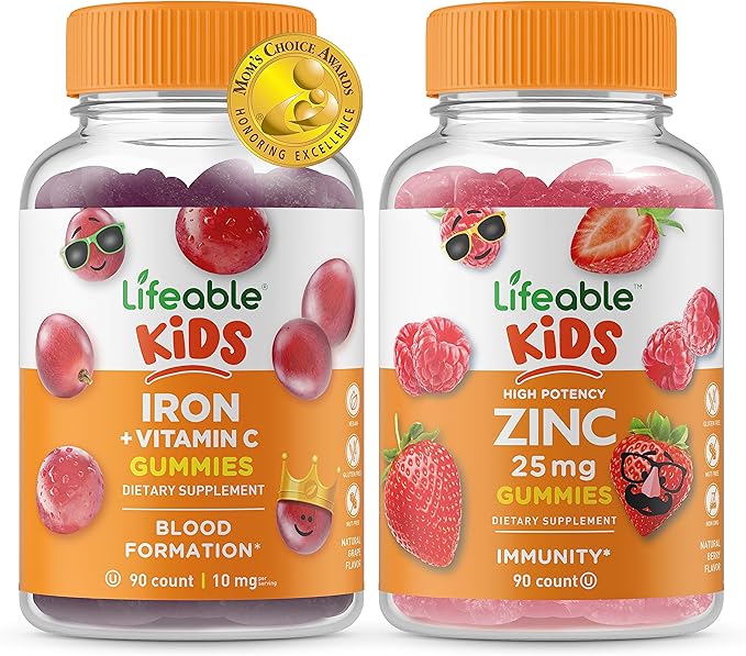Lifeable Iron &amp Vitamin C Kids + Zinc 25mg Kids Gummies Bundle - Great Tasting Vitamin Supplement Gluten Free GMO Free Chewable Gummy