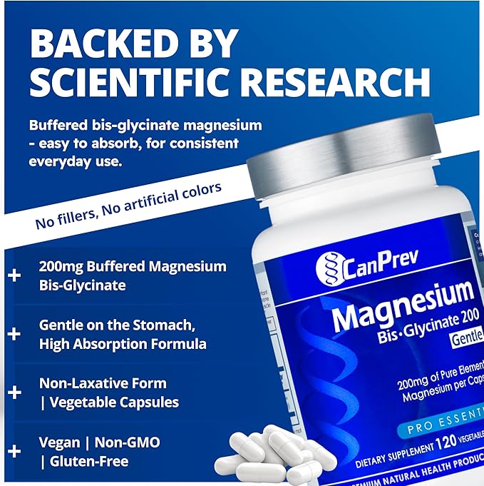 CanPrev Magnesium Bis-Glycinate Gentle 200mg 120 V-Caps 120-Day Supply - Pure Elemental Magnesium Supplement Supports Bone and Muscle Function Gentle on Stomach Perfect for Daily Magnesium Needs