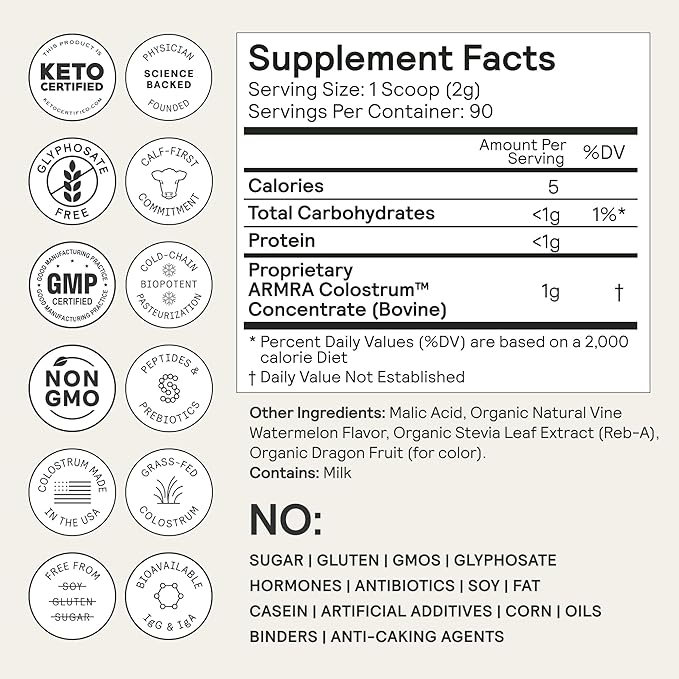 ARMRA Colostrum Powder | Vine Watermelon | Gut Health &amp Bloating | Skin &amp Hair | Immunity | Keto Gluten &amp Fat-Free | 90 Servings