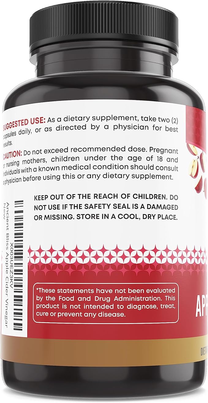 Ancient Bliss Apple Cider Vinegar Organic Capsules with The Mother Helps Improve Digestion Unfiltered Vinegar Capsules 1600MG (120 Capsules)