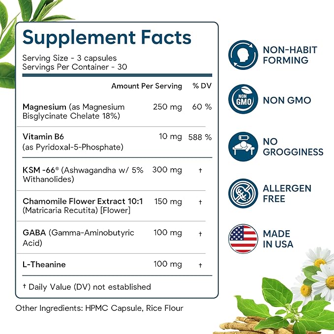 Natural Chelated Magnesium Glycinate Sleep Aid - Melatonin-Free Sleep &amp Stress Relief with KSM-66 Ashwagandha GABA L-Theanine &amp Chamomile for Muscle Relaxation - Made in USA - 90 Capsules