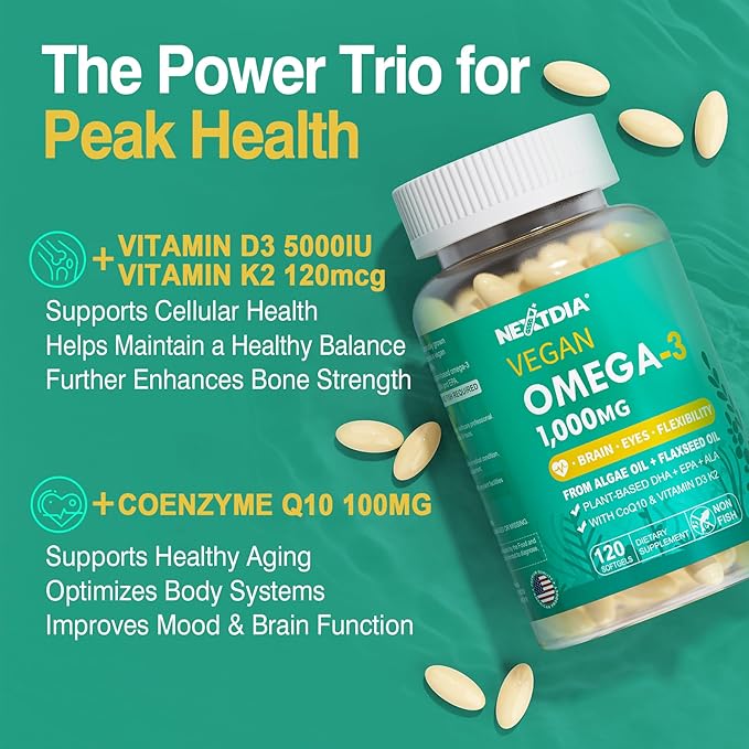 Vegan Omega 3 EPA DHA ALA Supplement + CoQ10 Vitamin D3 K2 (MK7) for Women Men | 1000mg Algae Oil as Fish Oil Alternative | Plant Based Omega 3 Mini Softgels for Bone Brain Eye Skin | 120 Pills